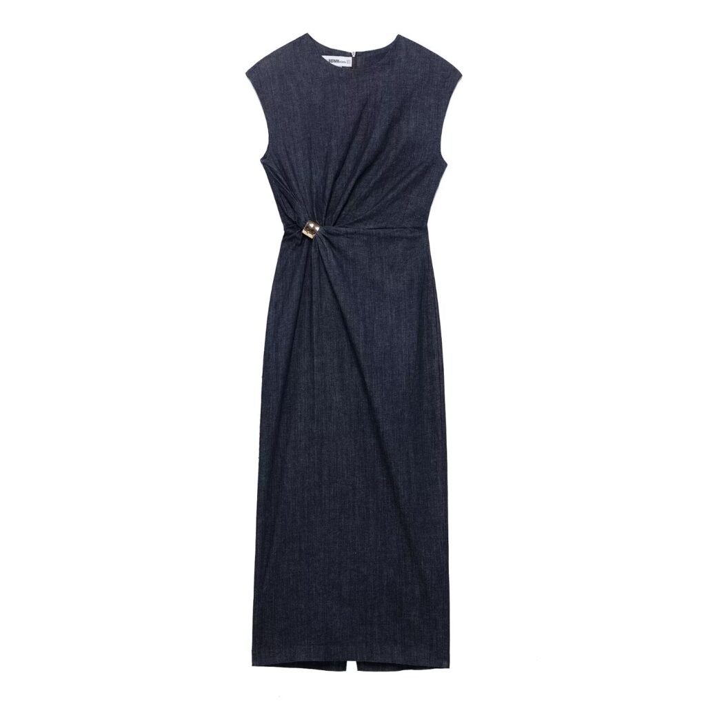 Round-Neck Sleeveless Pleated Slit Knitted Dress for Women