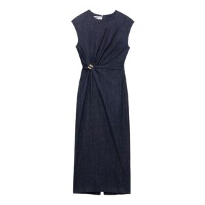 Round-Neck Sleeveless Pleated Slit Knitted Dress for Women