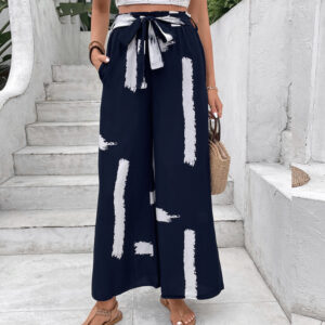 Personalized vacation style lace up printed loose wide leg women's summer pants