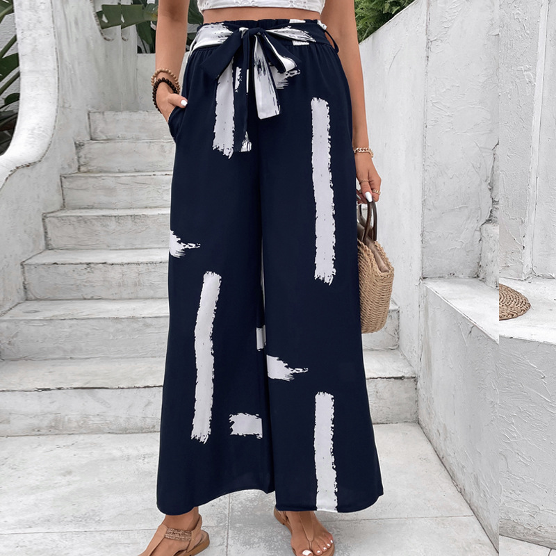 Personalized vacation style lace up printed loose wide leg women's summer pants