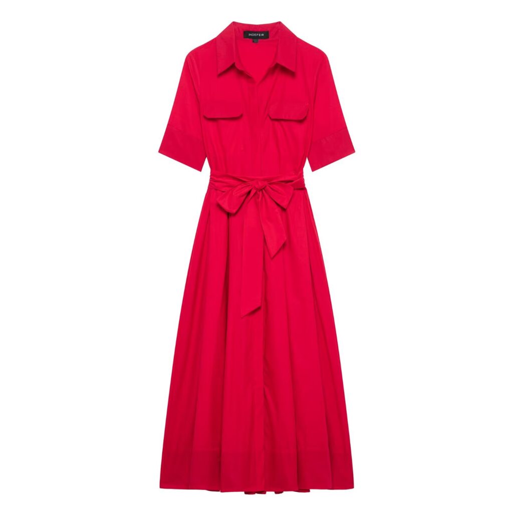 Shirt style long silk dress with belt for women