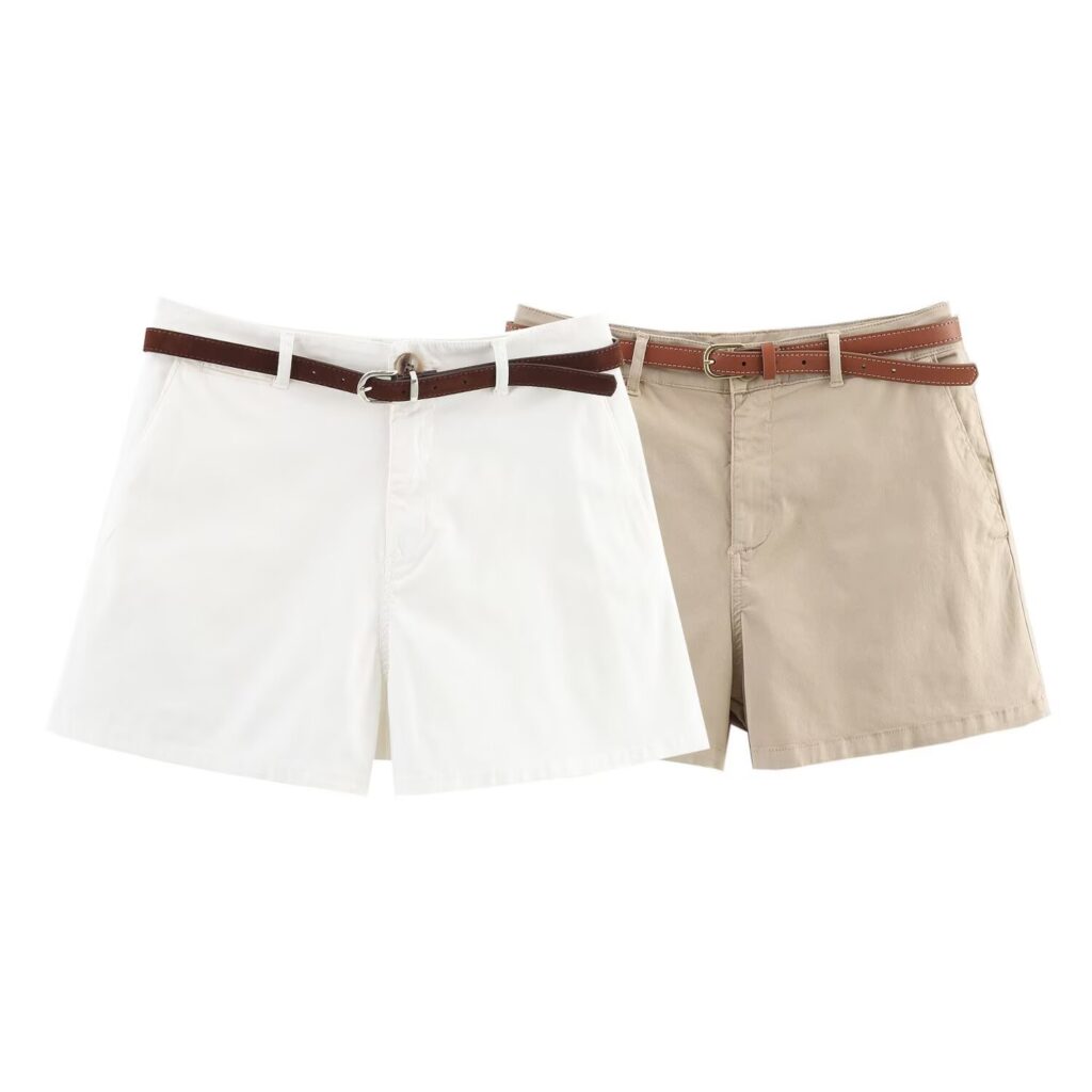 Women's solid color casual loose shorts with belt