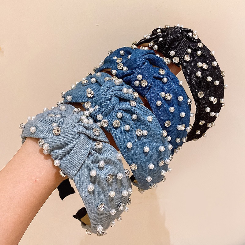 Denim rhinestone knotted headband