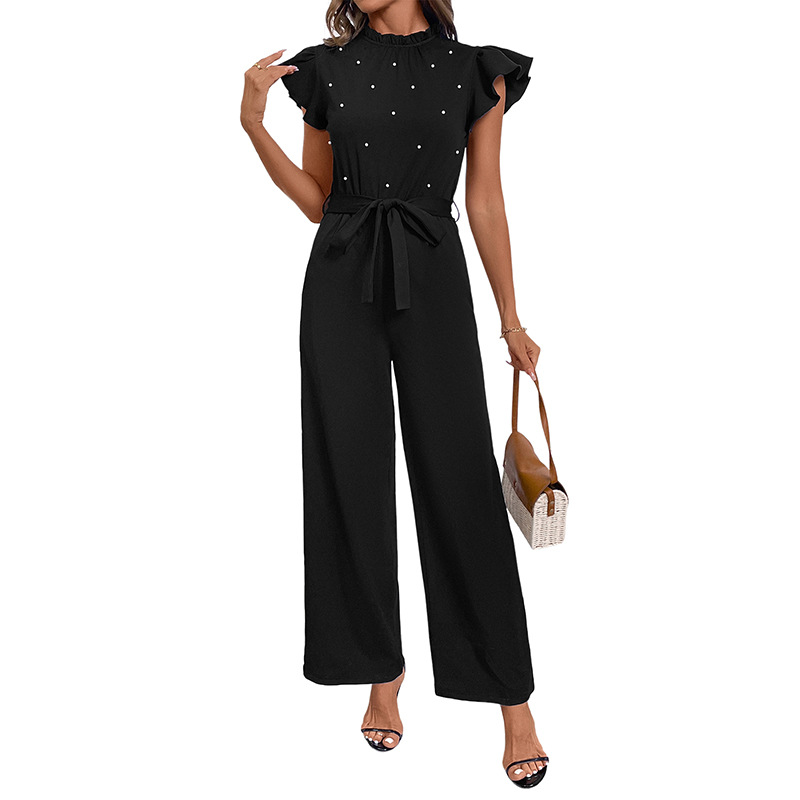 European and American solid color high-end flying sleeve small stand collar high waist one-piece pants for women