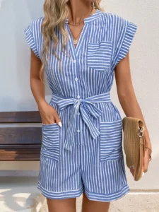Striped Notched Tie Waist Women's Romper