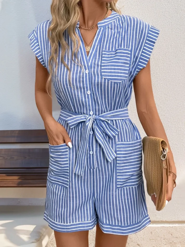 Striped Notched Tie Waist Women's Romper