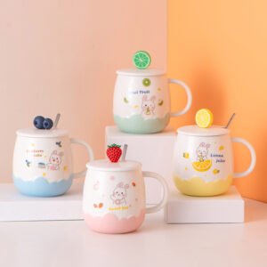 Cartoon Design Embossed Ceramic Cup with Lid