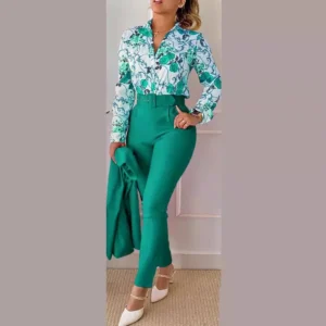 V-Neck Long Sleeve Top & Belted Long Pants Set