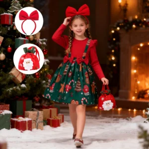 Bow-Design Girls' Long Sleeve Christmas Dress