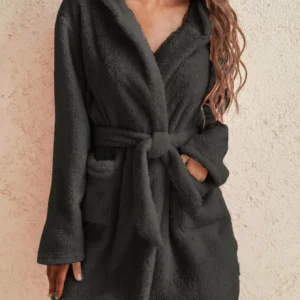 Women’s Solid Color Hooded Fleece Robe with Belt