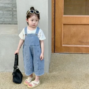 Children's Solid Casual Denim Jumpsuit