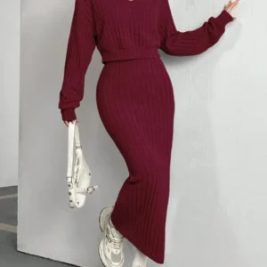 2pcs Set Women's Knitted Loose Long Sleeved Red Dress Suit Autumn New Hooded Sweater Fashionable Casual Commuting Suits