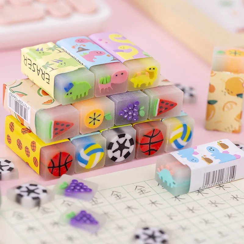 12pcs/set Cute Pencil Eraser Animal Dinosaur Ball Funny Fruit Eraser Desk Pet Eraser School Supplies Prizes Gifts Party Gifts