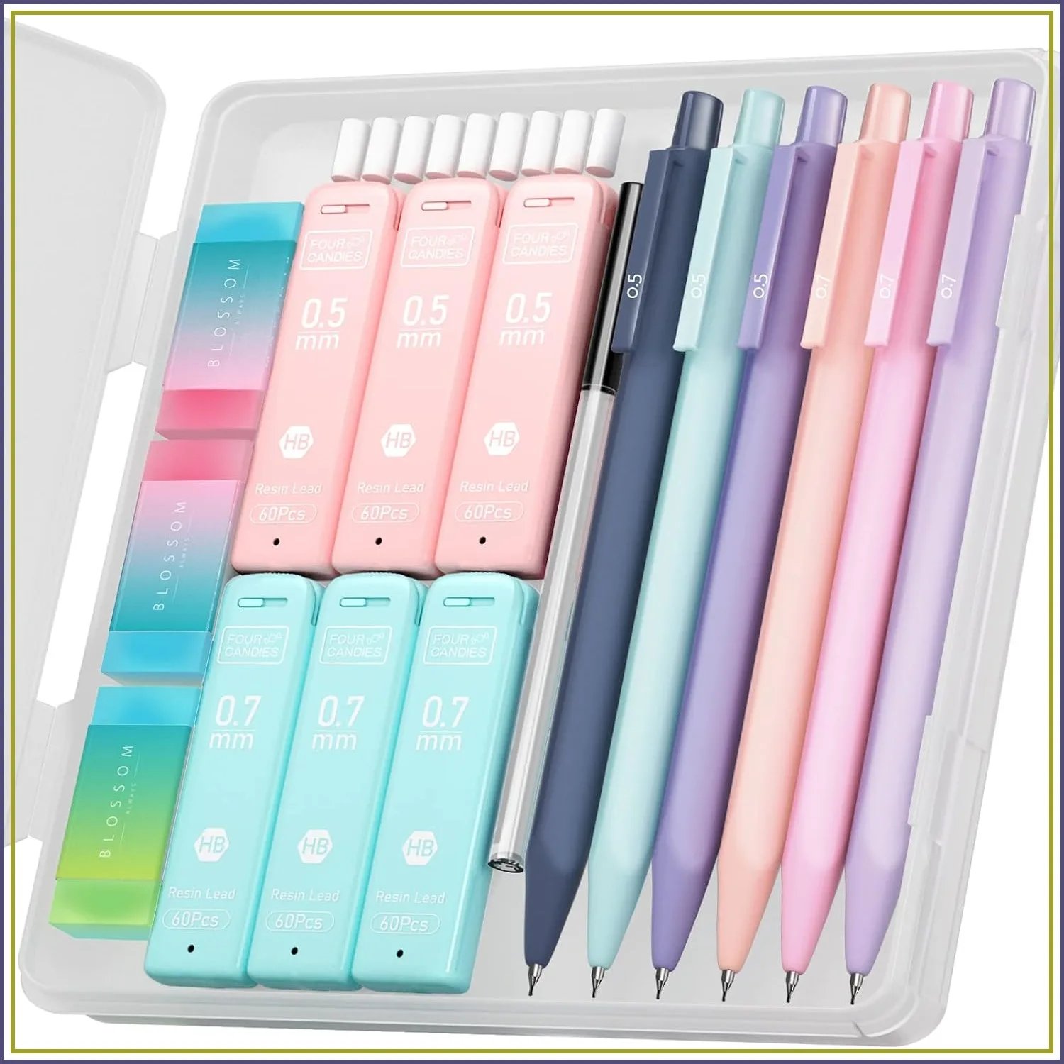 Cute Mechanical Pencil Set, 6-Pack 0.5/0.7mm with 360 Lead Refills, 3 Erasers, 9 Eraser Refills, Storage Case, Back to School Supplies, Aesthetic Stationery