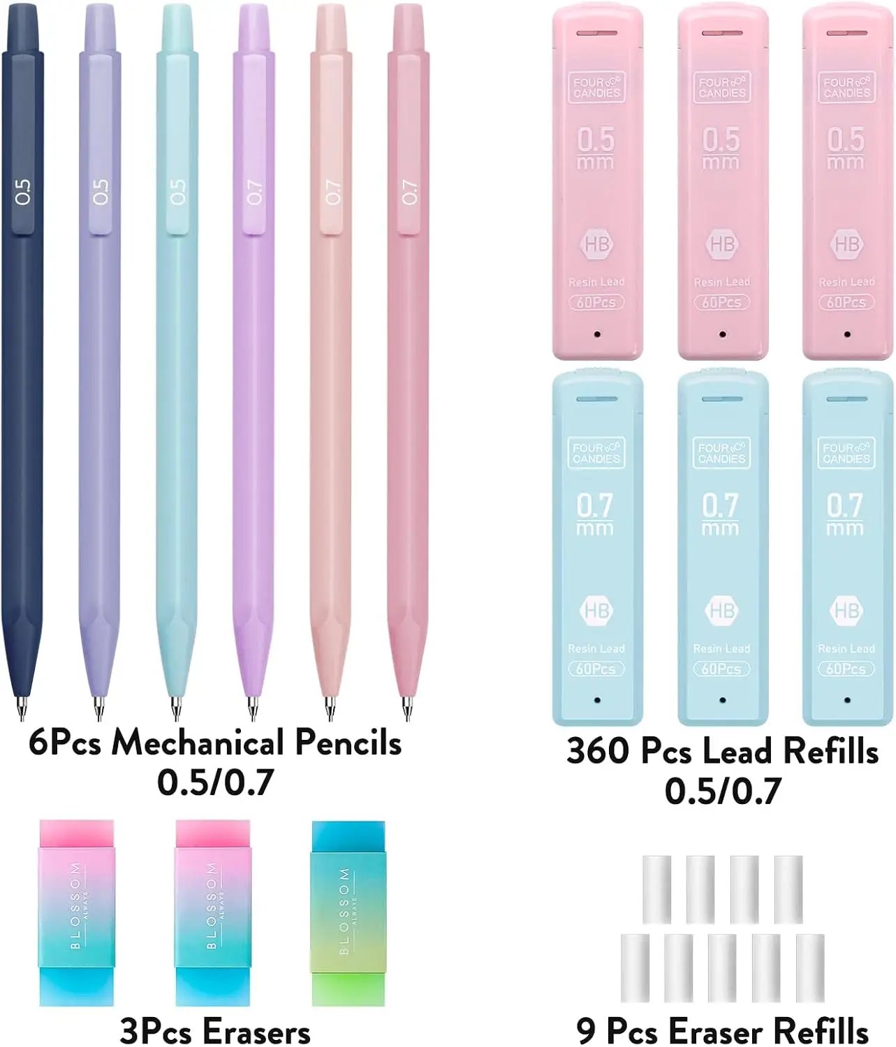 Cute Mechanical Pencil Set, 6-Pack 0.5/0.7mm with 360 Lead Refills, 3 Erasers, 9 Eraser Refills, Storage Case, Back to School Supplies, Aesthetic Stationery