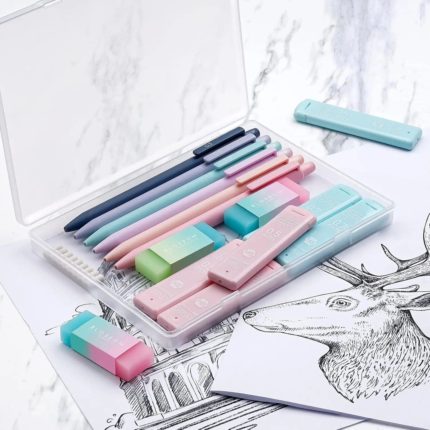 Cute Mechanical Pencil Set, 6-Pack 0.5/0.7mm with 360 Lead Refills, 3 Erasers, 9 Eraser Refills, Storage Case, Back to School Supplies, Aesthetic Stationery