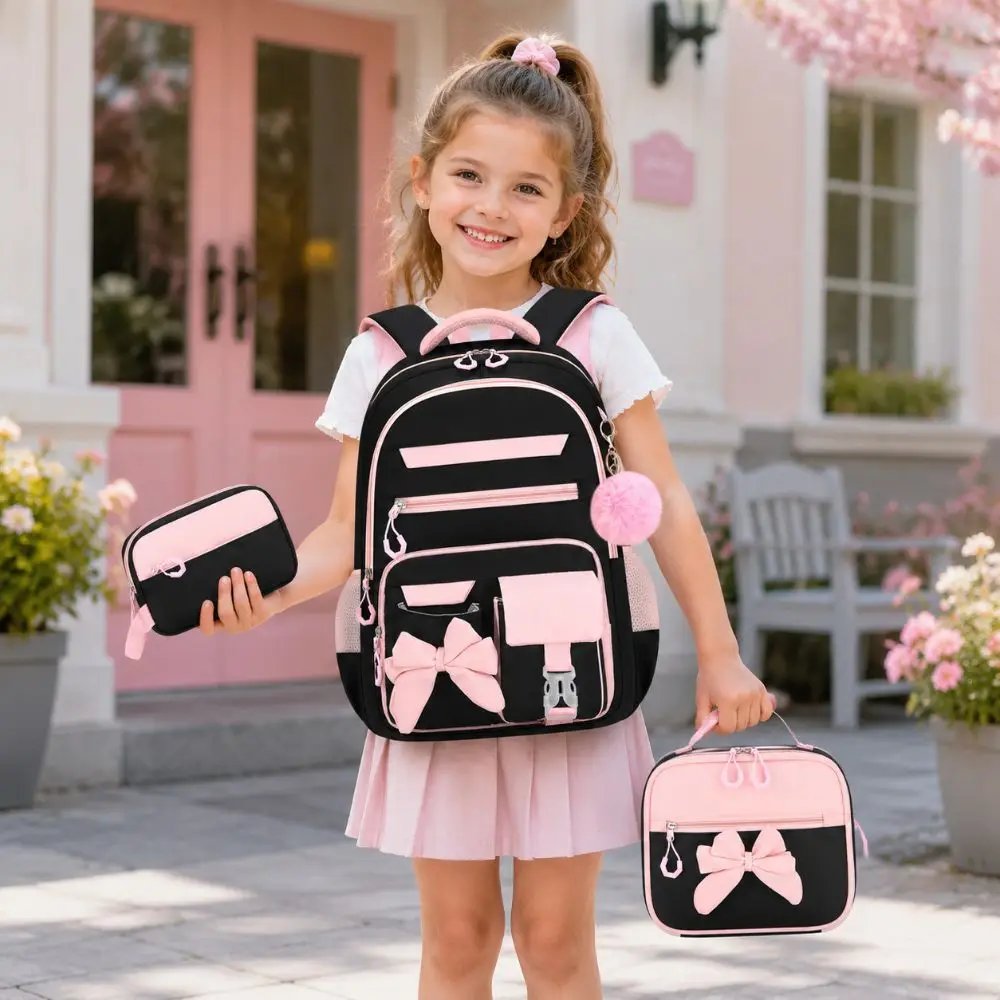 3PCS Cartoon Backpack,lunch Bag,Pencil Case Set Large Capacity Oxford Cloth Bow-knot Schoolbag Set Waterproof Lightweight 3PCS Cartoon Backpack,lunch Bag,Pencil Case Set Large Capacity Oxford Cloth Bow-knot Schoolbag Set Waterproof Lightweight