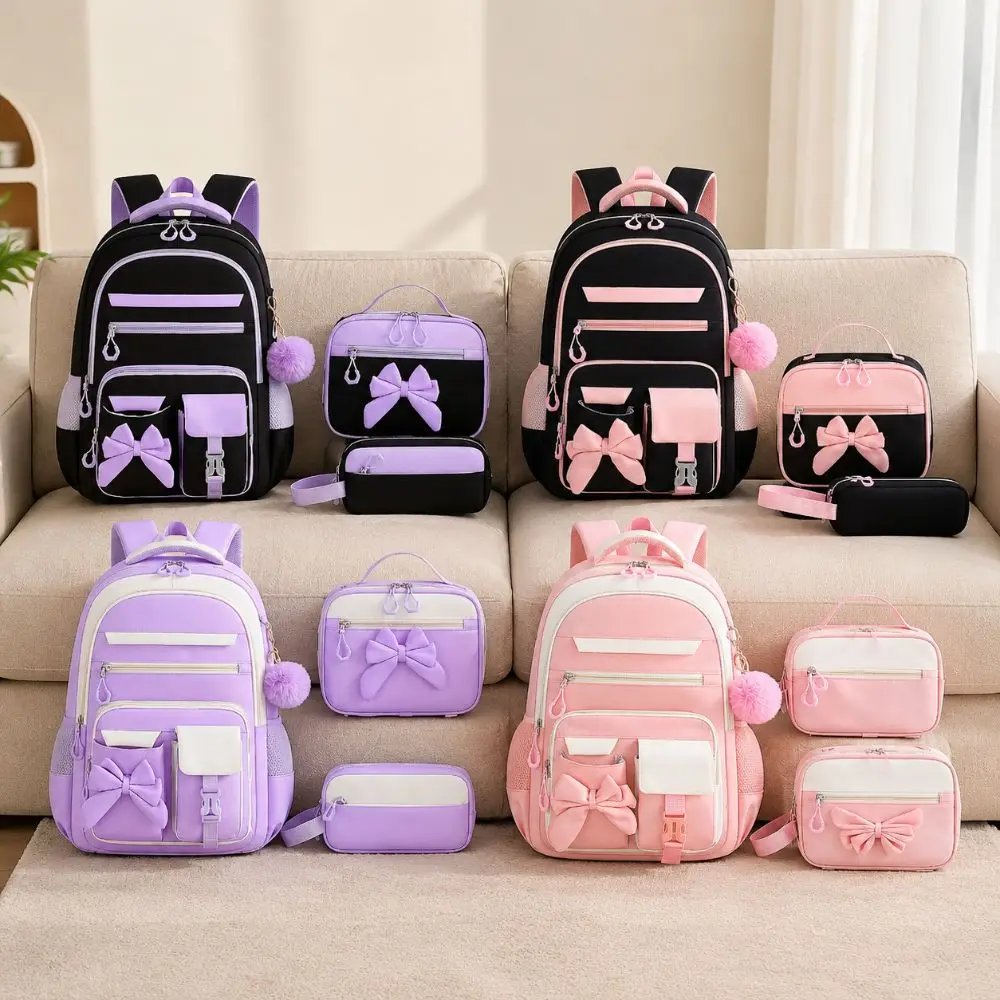 3PCS Cartoon Backpack,lunch Bag,Pencil Case Set Large Capacity Oxford Cloth Bow-knot Schoolbag Set Waterproof Lightweight 3PCS Cartoon Backpack,lunch Bag,Pencil Case Set Large Capacity Oxford Cloth Bow-knot Schoolbag Set Waterproof Lightweight