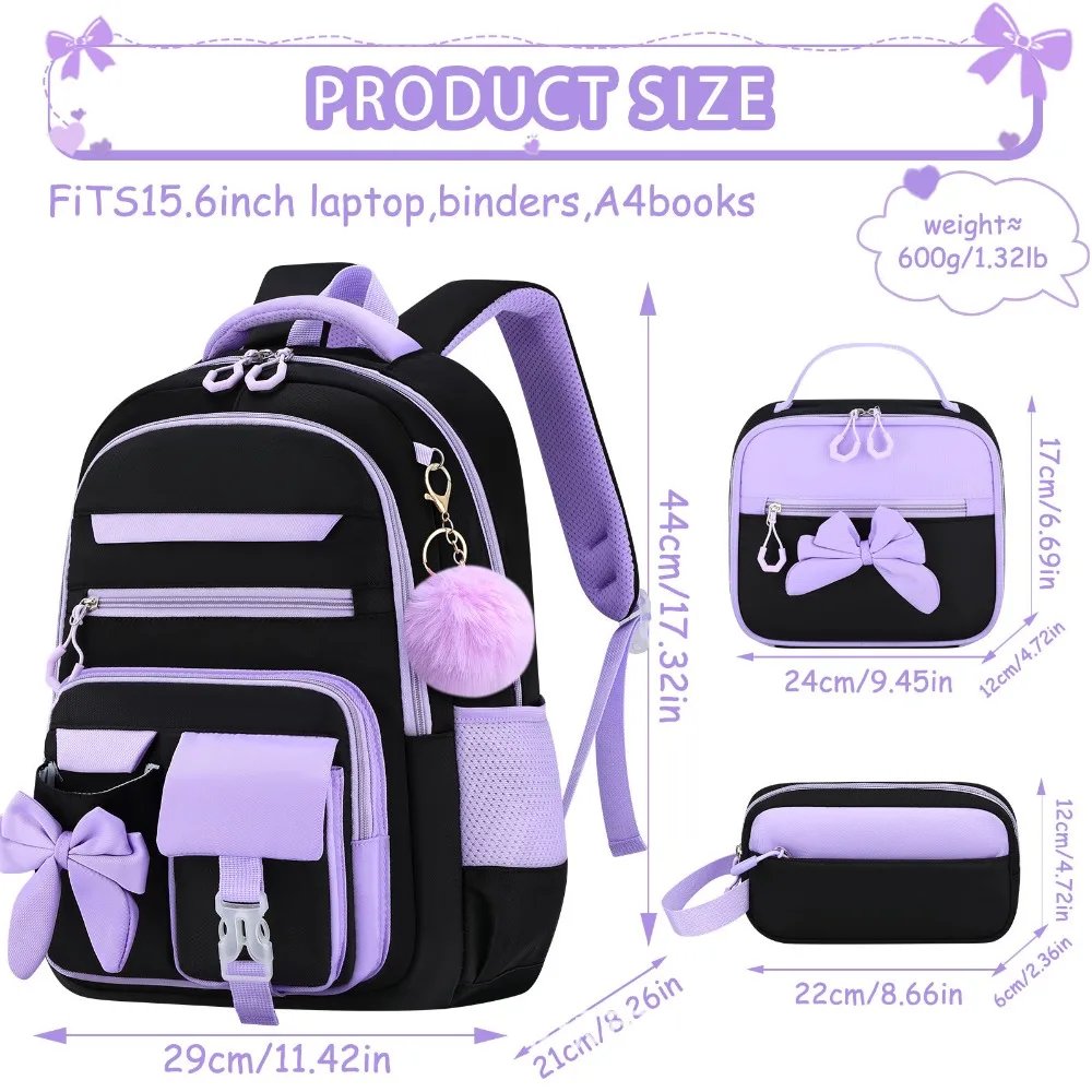 3PCS Cartoon Backpack,lunch Bag,Pencil Case Set Large Capacity Oxford Cloth Bow-knot Schoolbag Set Waterproof Lightweight 3PCS Cartoon Backpack,lunch Bag,Pencil Case Set Large Capacity Oxford Cloth Bow-knot Schoolbag Set Waterproof Lightweight