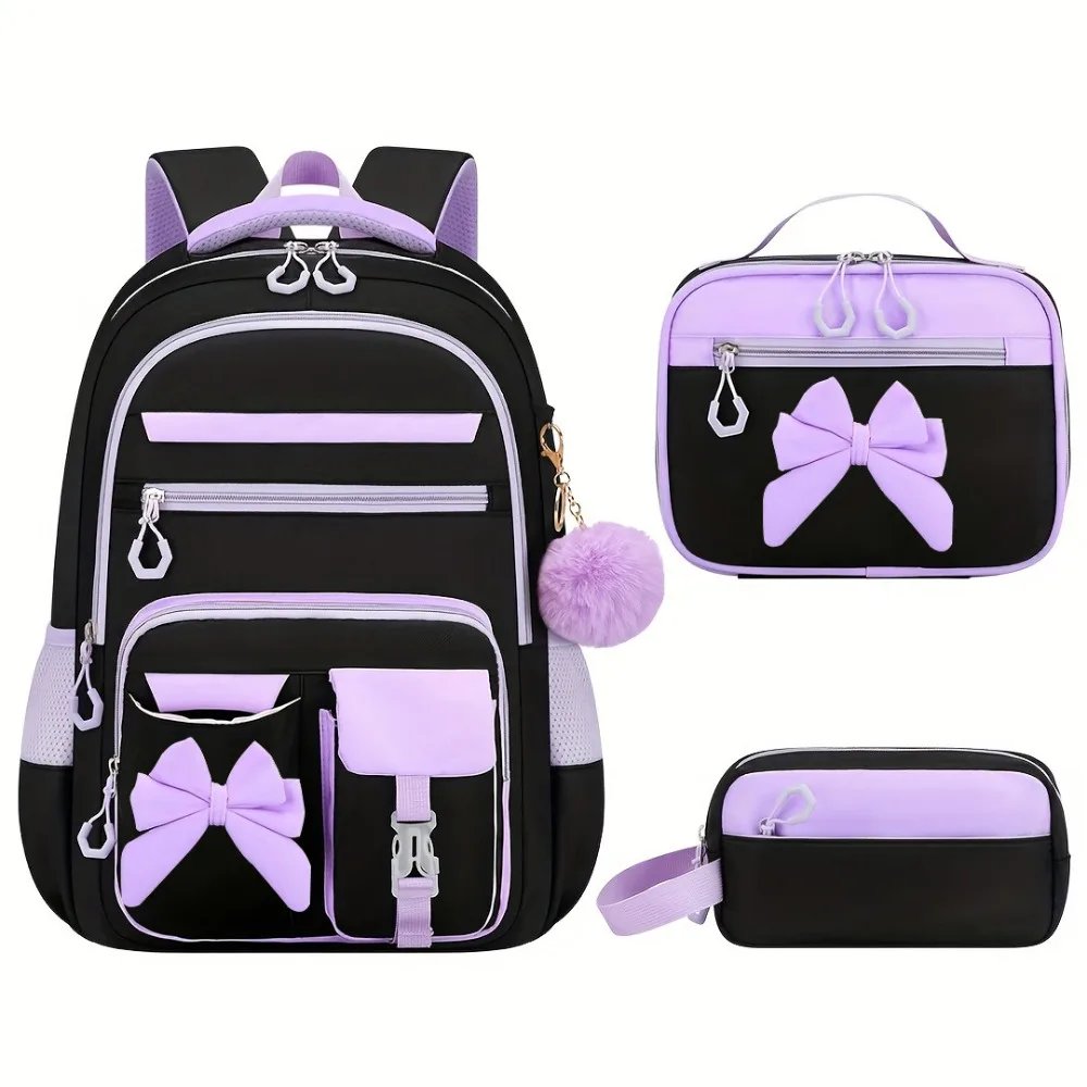3PCS Cartoon Backpack,lunch Bag,Pencil Case Set Large Capacity Oxford Cloth Bow-knot Schoolbag Set Waterproof Lightweight 3PCS Cartoon Backpack,lunch Bag,Pencil Case Set Large Capacity Oxford Cloth Bow-knot Schoolbag Set Waterproof Lightweight