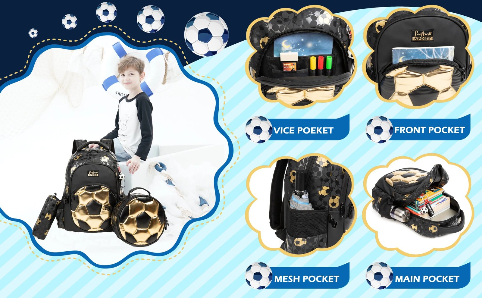 Boys' School Backpack with Lunch Box and Pencil Case - Ideal for Teens and Middle School Students