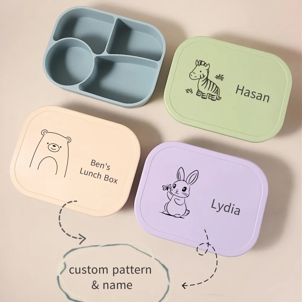 1340ml 1pc Custom Name & Pattern Silicone Kids Lunch Box, 4-Compartment Bento, BPA Free, Leakproof