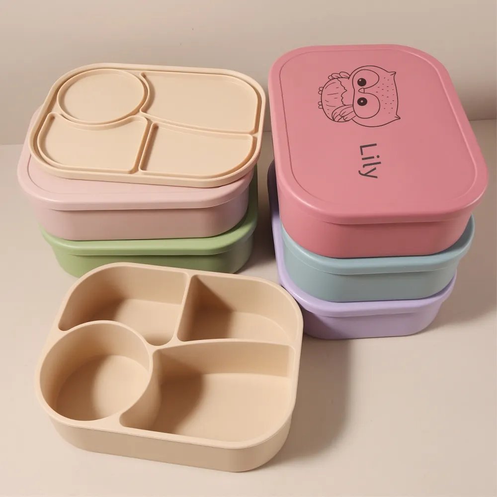 1340ml 1pc Custom Name & Pattern Silicone Kids Lunch Box, 4-Compartment Bento, BPA Free, Leakproof