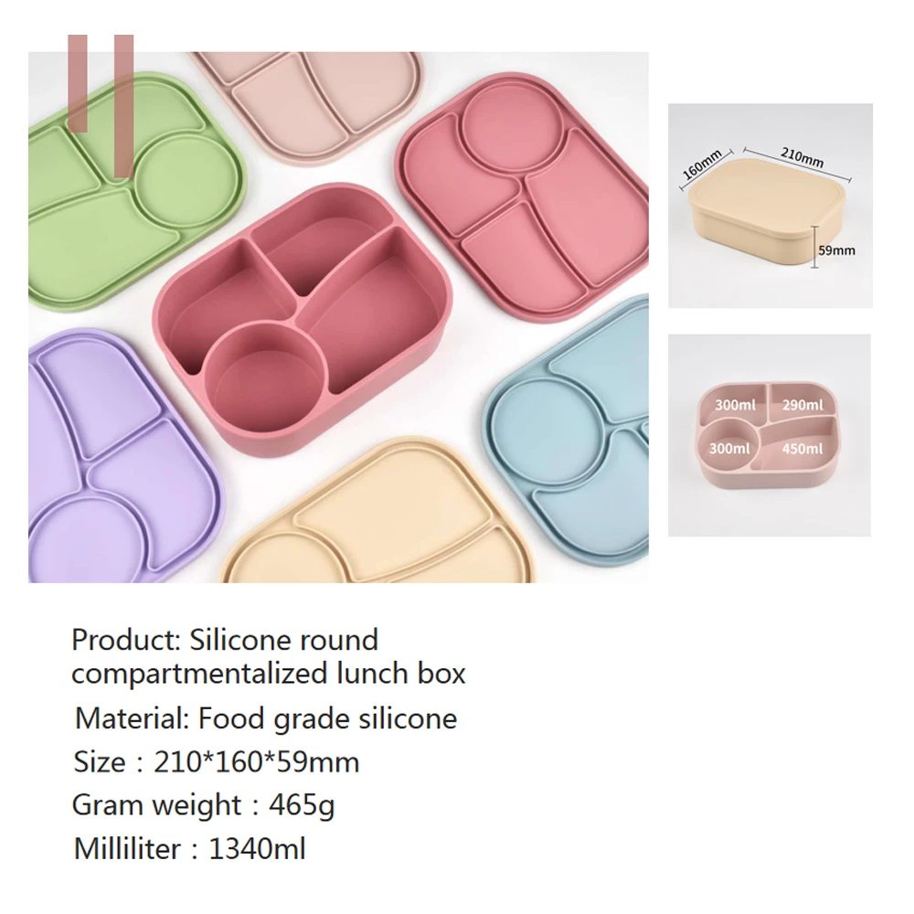 1340ml 1pc Custom Name & Pattern Silicone Kids Lunch Box, 4-Compartment Bento, BPA Free, Leakproof
