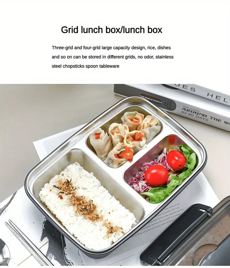 Easy-Clean Bento Container For Students & Office Workers,Leak-Proof Stainless Steel Lunch Box With 3/4 Compartments - Durable Easy-Clean Bento Container For Students & Office Workers,Leak-Proof Stainless Steel Lunch Box With 3/4 Compartments - Durable