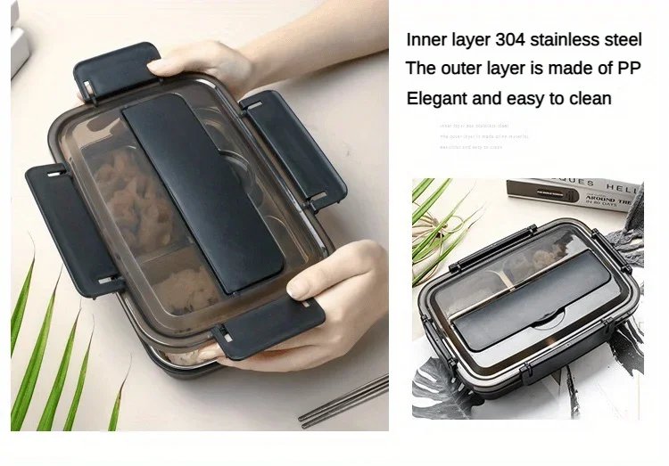 Easy-Clean Bento Container For Students & Office Workers,Leak-Proof Stainless Steel Lunch Box With 3/4 Compartments - Durable