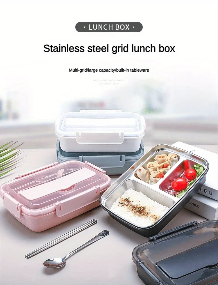 Easy-Clean Bento Container For Students & Office Workers,Leak-Proof Stainless Steel Lunch Box With 3/4 Compartments - Durable Easy-Clean Bento Container For Students & Office Workers,Leak-Proof Stainless Steel Lunch Box With 3/4 Compartments - Durable