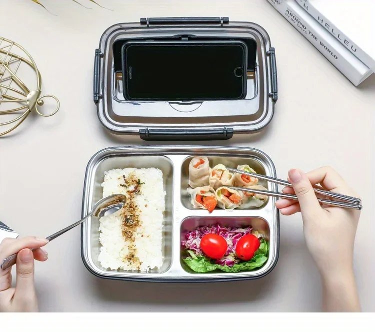 Easy-Clean Bento Container For Students & Office Workers,Leak-Proof Stainless Steel Lunch Box With 3/4 Compartments - Durable Easy-Clean Bento Container For Students & Office Workers,Leak-Proof Stainless Steel Lunch Box With 3/4 Compartments - Durable