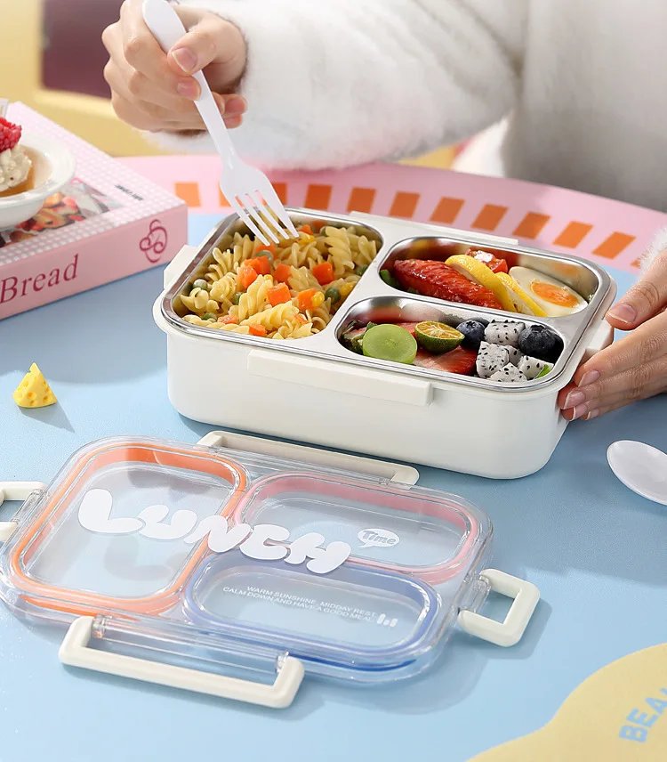 2/3Grids 304 Stainless Steel Lunch Box with Spoon Leakproof Sealed Microwavable Bento Container with Tableware for Students