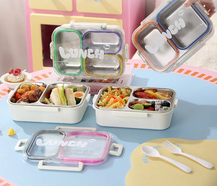 2/3Grids 304 Stainless Steel Lunch Box with Spoon Leakproof Sealed Microwavable Bento Container with Tableware for Students