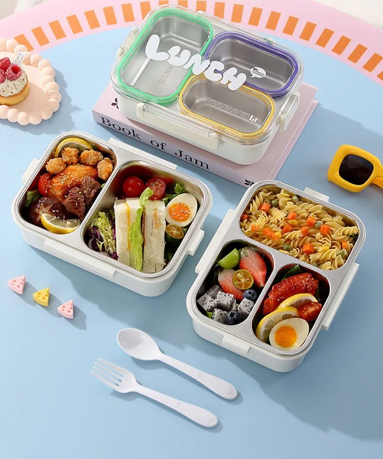 2/3Grids 304 Stainless Steel Lunch Box with Spoon Leakproof Sealed Microwavable Bento Container with Tableware for Students