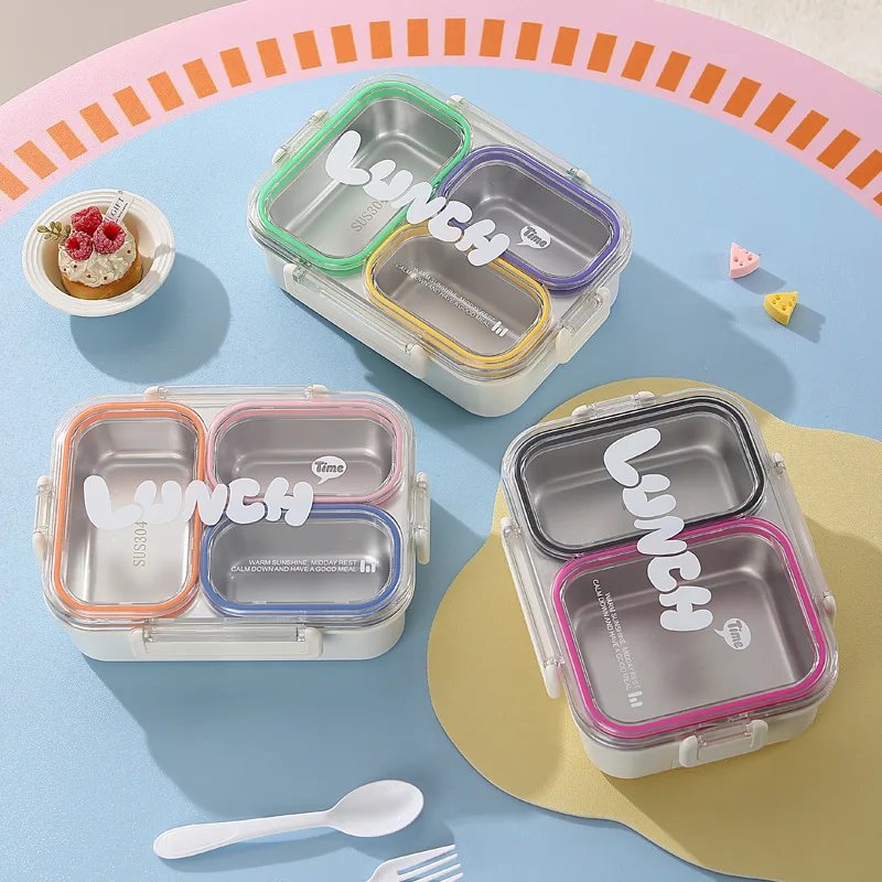 2/3Grids 304 Stainless Steel Lunch Box with Spoon Leakproof Sealed Microwavable Bento Container with Tableware for Students