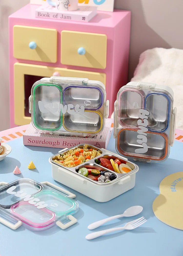 2/3Grids 304 Stainless Steel Lunch Box with Spoon Leakproof Sealed Microwavable Bento Container with Tableware for Students
