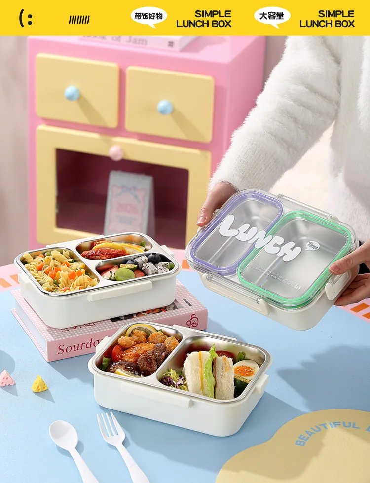 2/3Grids 304 Stainless Steel Lunch Box with Spoon Leakproof Sealed Microwavable Bento Container with Tableware for Students