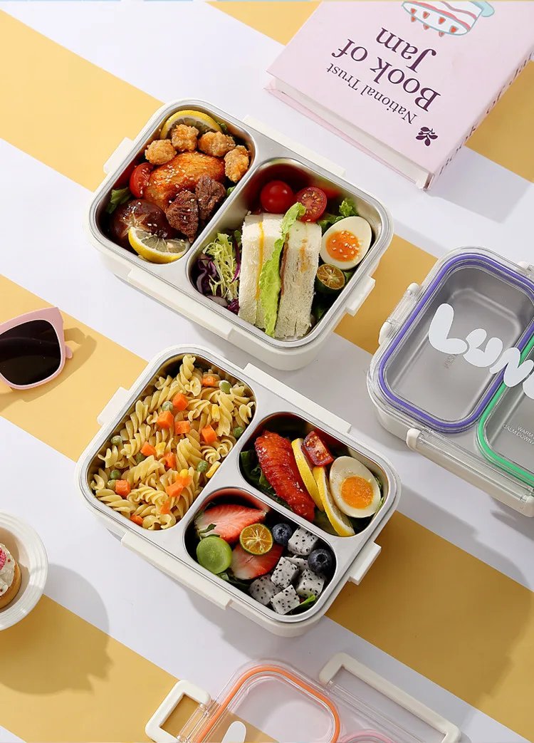 2/3Grids 304 Stainless Steel Lunch Box with Spoon Leakproof Sealed Microwavable Bento Container with Tableware for Students