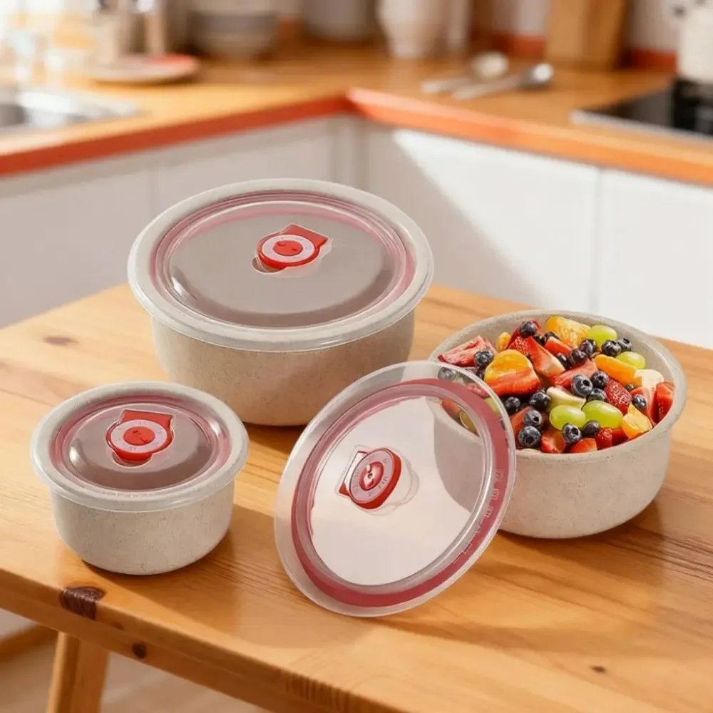 3pcs Wheat straw fresh-keeping bowl three-piece set with lid for home microwaveable plastic round lunch box 3pcs Wheat straw fresh-keeping bowl three-piece set with lid for home microwaveable plastic round lunch box