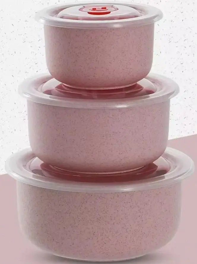3pcs Wheat straw fresh-keeping bowl three-piece set with lid for home microwaveable plastic round lunch box 3pcs Wheat straw fresh-keeping bowl three-piece set with lid for home microwaveable plastic round lunch box