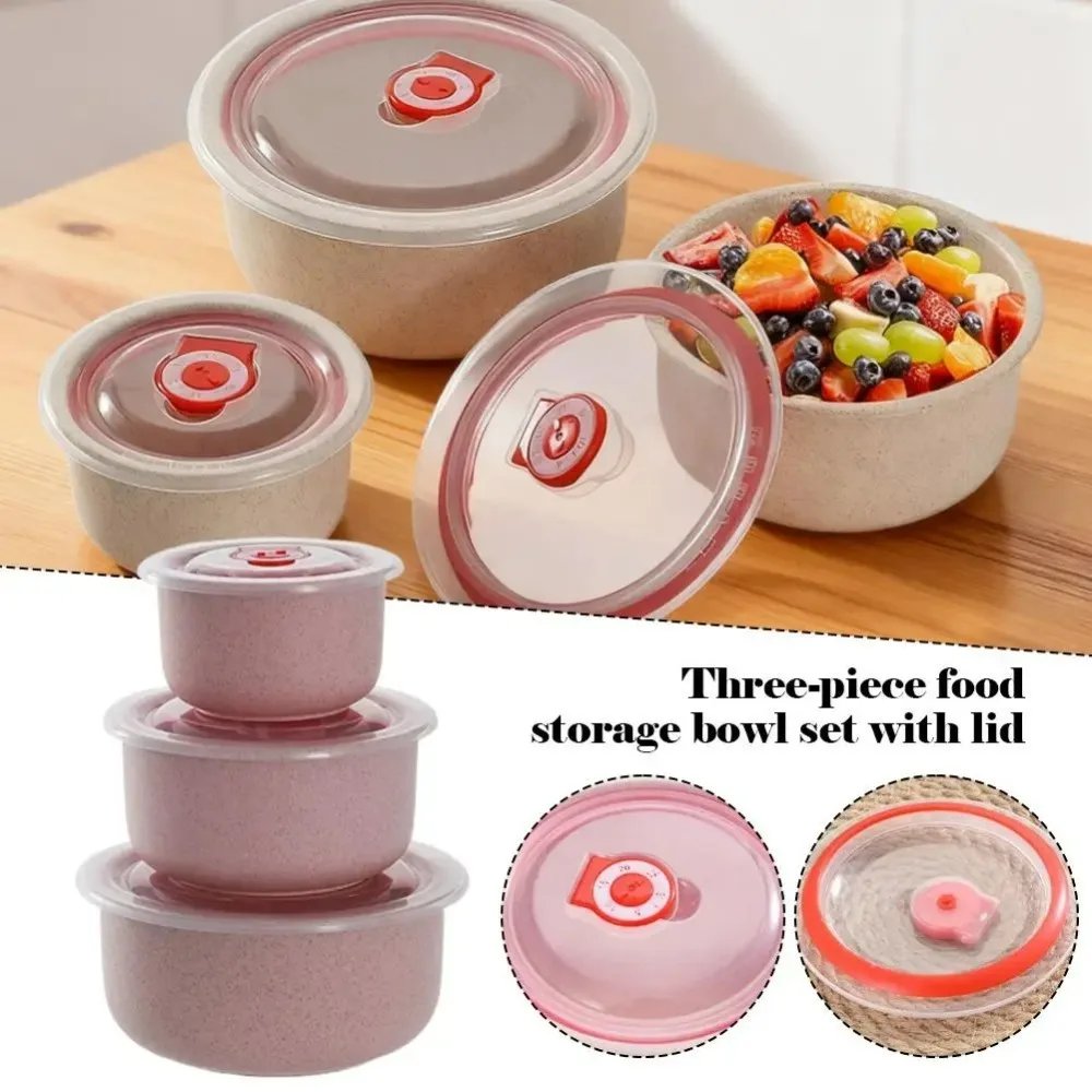 3pcs Wheat straw fresh-keeping bowl three-piece set with lid for home microwaveable plastic round lunch box 3pcs Wheat straw fresh-keeping bowl three-piece set with lid for home microwaveable plastic round lunch box