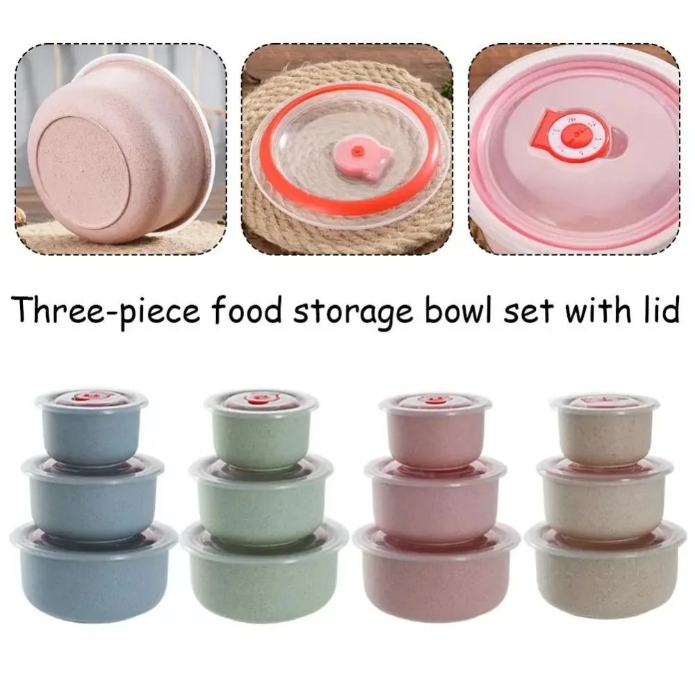 3pcs Wheat straw fresh-keeping bowl three-piece set with lid for home microwaveable plastic round lunch box 3pcs Wheat straw fresh-keeping bowl three-piece set with lid for home microwaveable plastic round lunch box