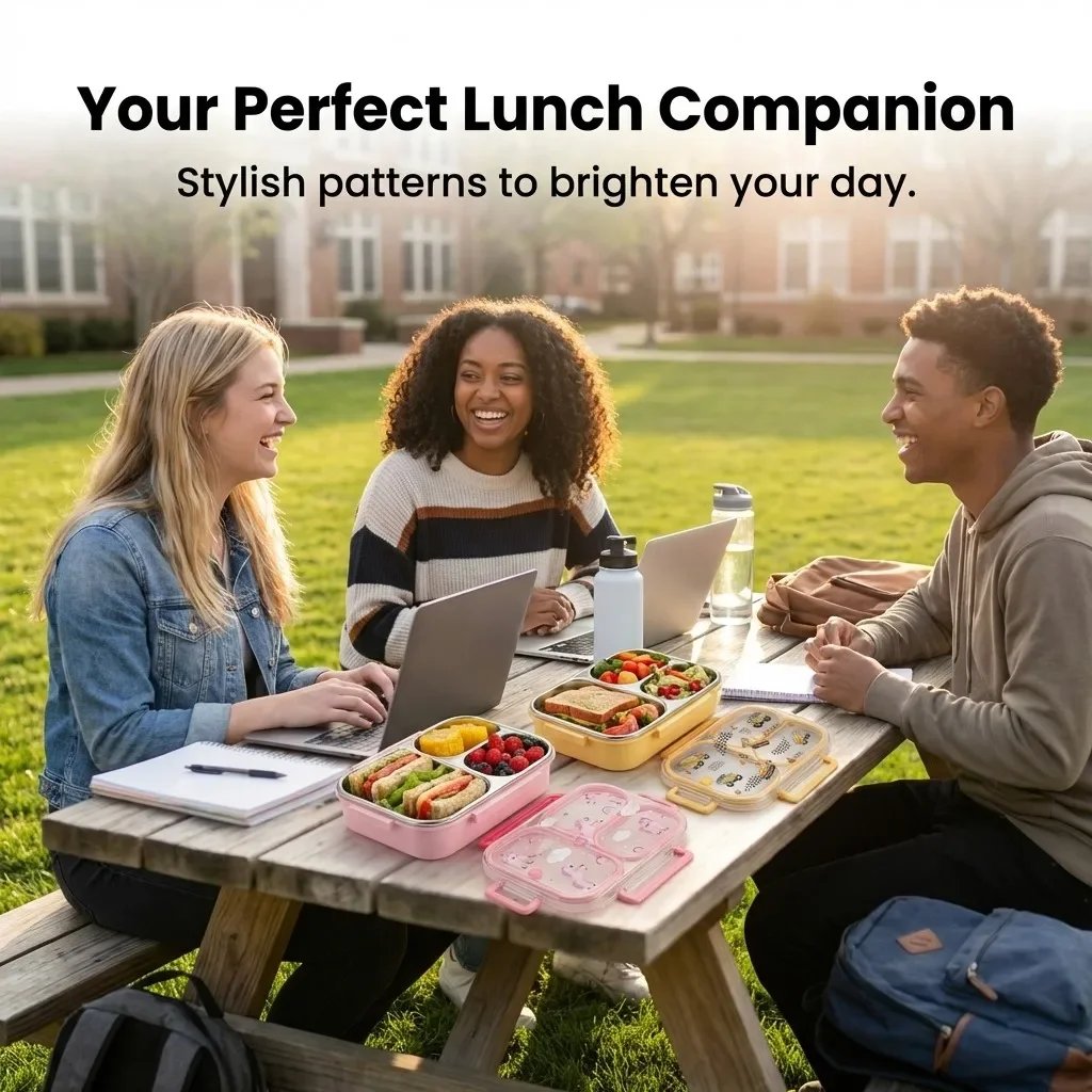 Large Capacity Divided Bento Lunch Box With Handle Cute Sealed 304 Stainless Steel Fruit Salad Food Container For Kids Students