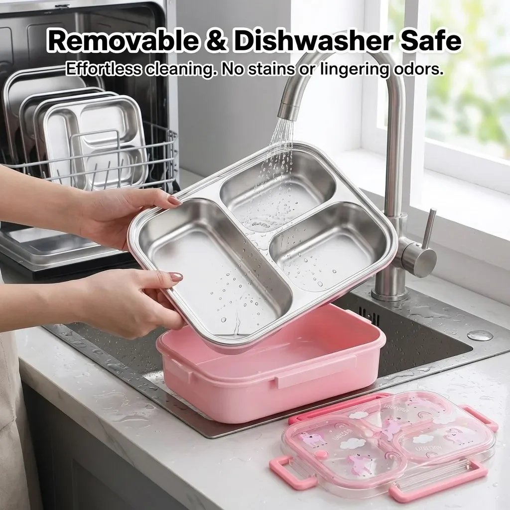 Large Capacity Divided Bento Lunch Box With Handle Cute Sealed 304 Stainless Steel Fruit Salad Food Container For Kids Students