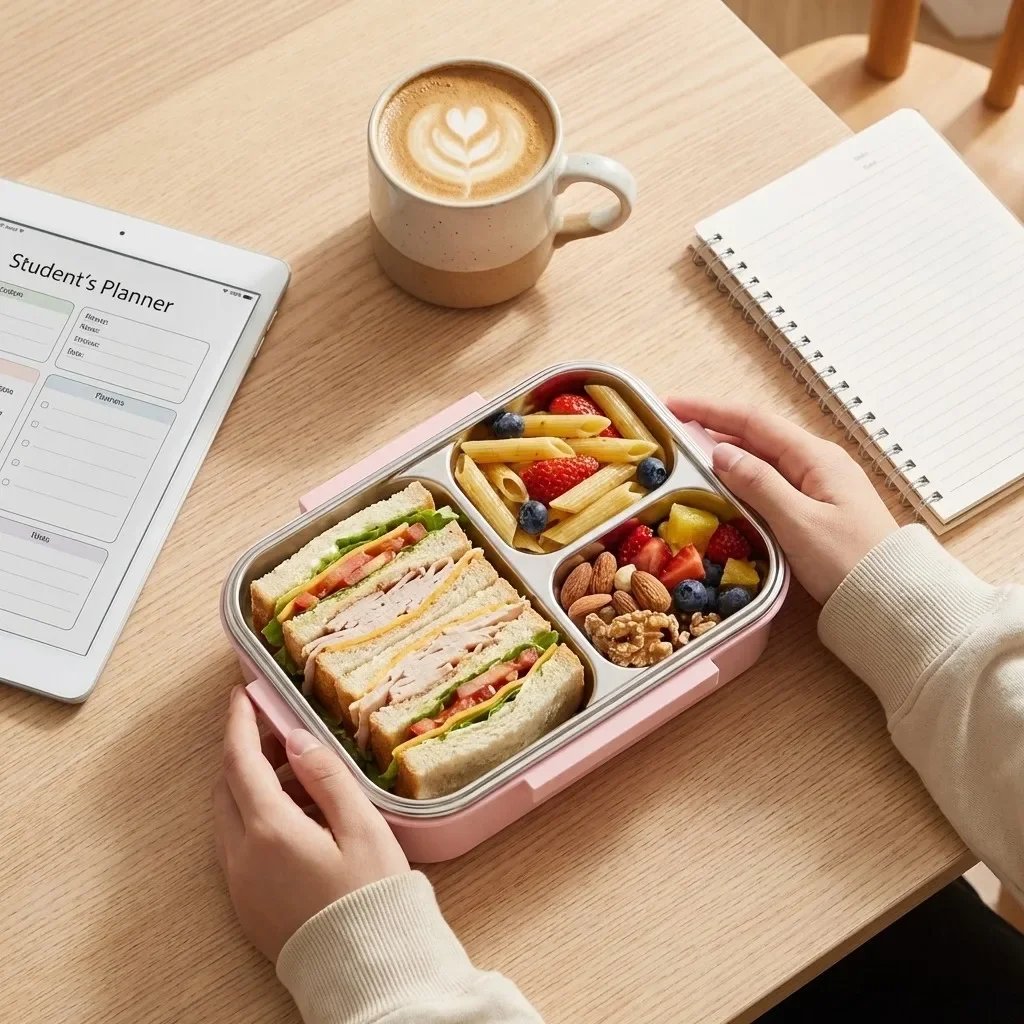 Large Capacity Divided Bento Lunch Box With Handle Cute Sealed 304 Stainless Steel Fruit Salad Food Container For Kids Students