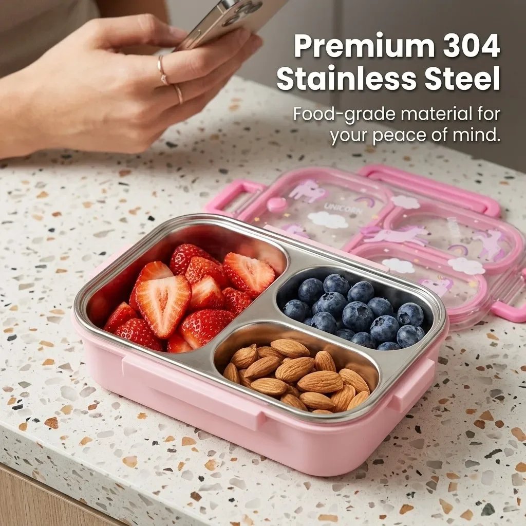 Large Capacity Divided Bento Lunch Box With Handle Cute Sealed 304 Stainless Steel Fruit Salad Food Container For Kids Students