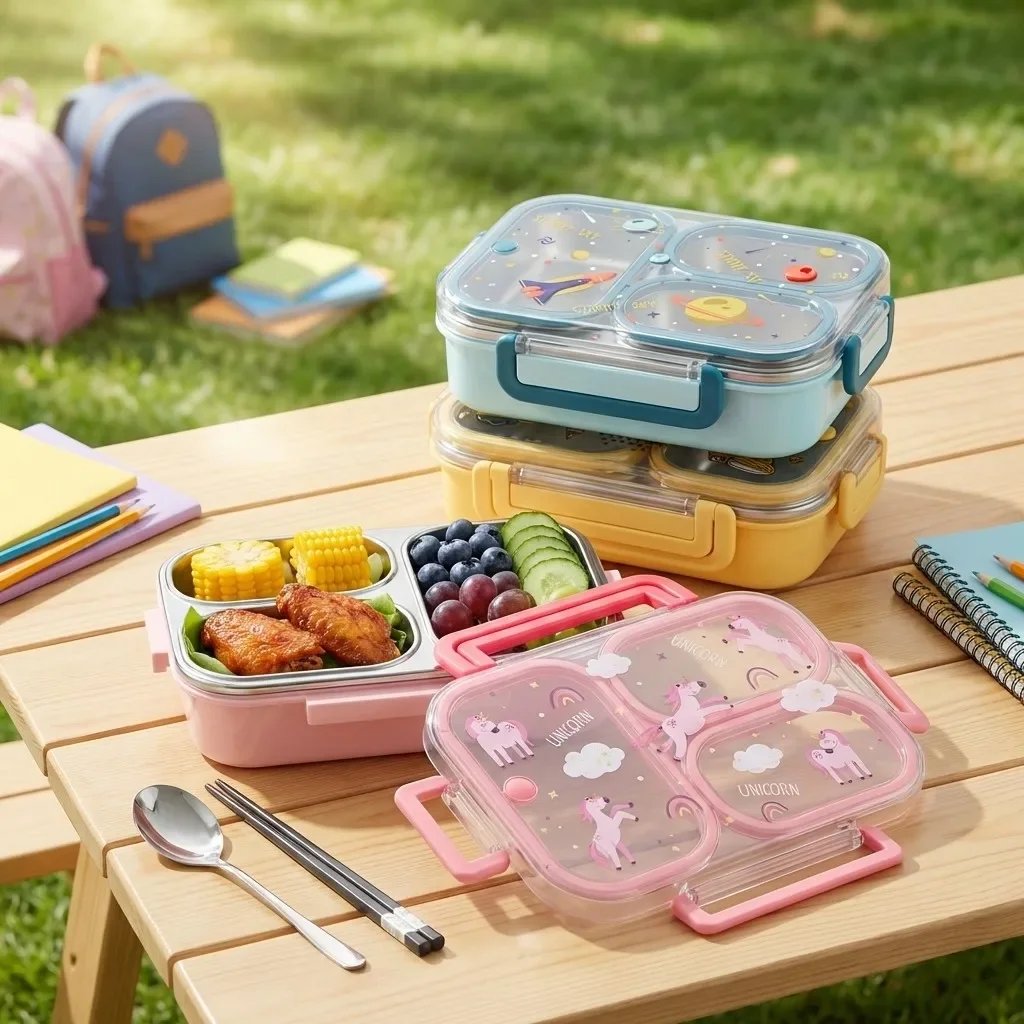Large Capacity Divided Bento Lunch Box With Handle Cute Sealed 304 Stainless Steel Fruit Salad Food Container For Kids Students