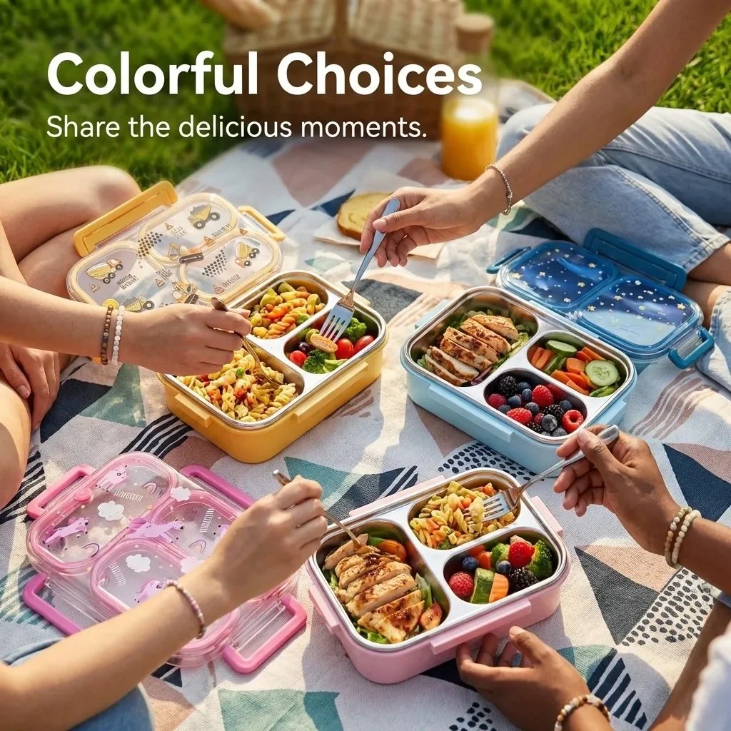 Large Capacity Divided Bento Lunch Box With Handle Cute Sealed 304 Stainless Steel Fruit Salad Food Container For Kids Students