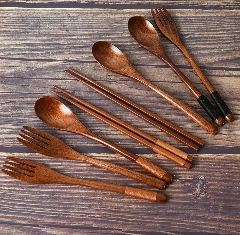 3 Pieces Tableware Natural Wood Dinnerware Spoon Chopsticks Fork Dinner Portable Tableware Grain Household Kitchen Cutlery Set